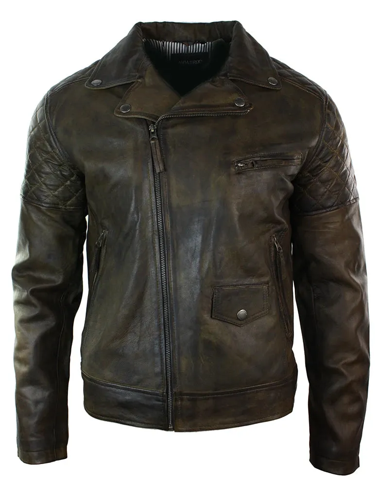 Men's Washed Brown Black Leather Biker Jacket Cross Zip