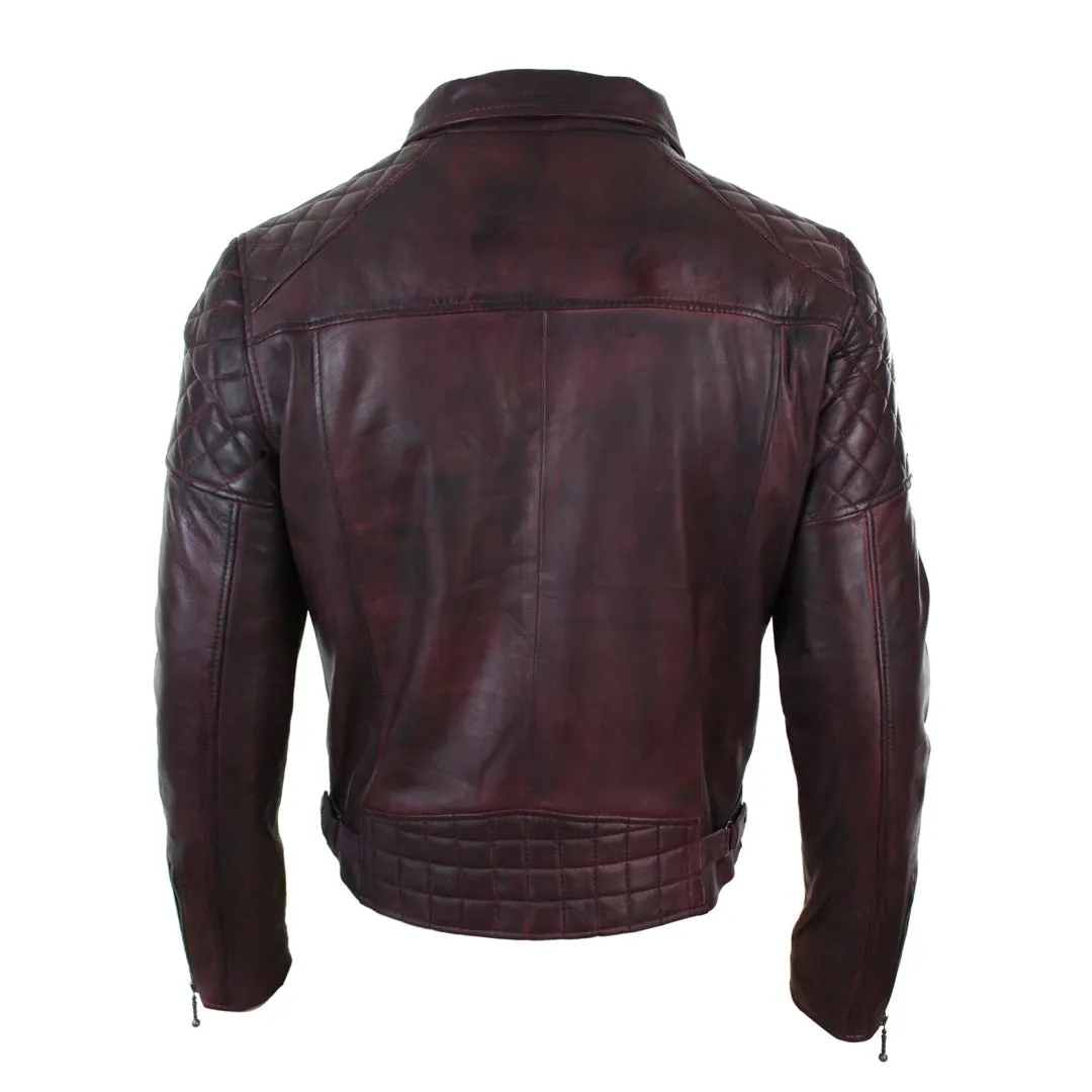 Men's Washed Brown Black Leather Biker Jacket Cross Zip