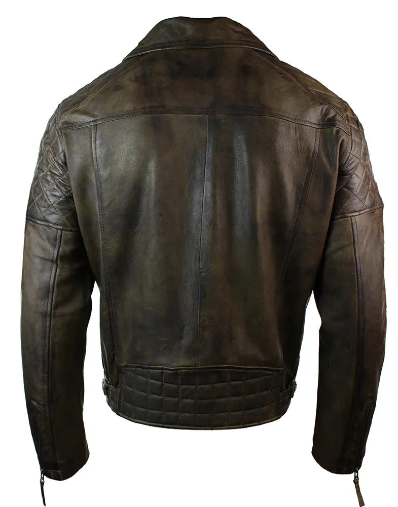 Men's Washed Brown Black Leather Biker Jacket Cross Zip