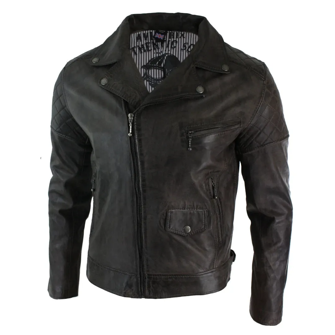 Men's Washed Brown Black Leather Biker Jacket Cross Zip