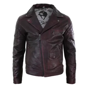 Men's Washed Brown Black Leather Biker Jacket Cross Zip