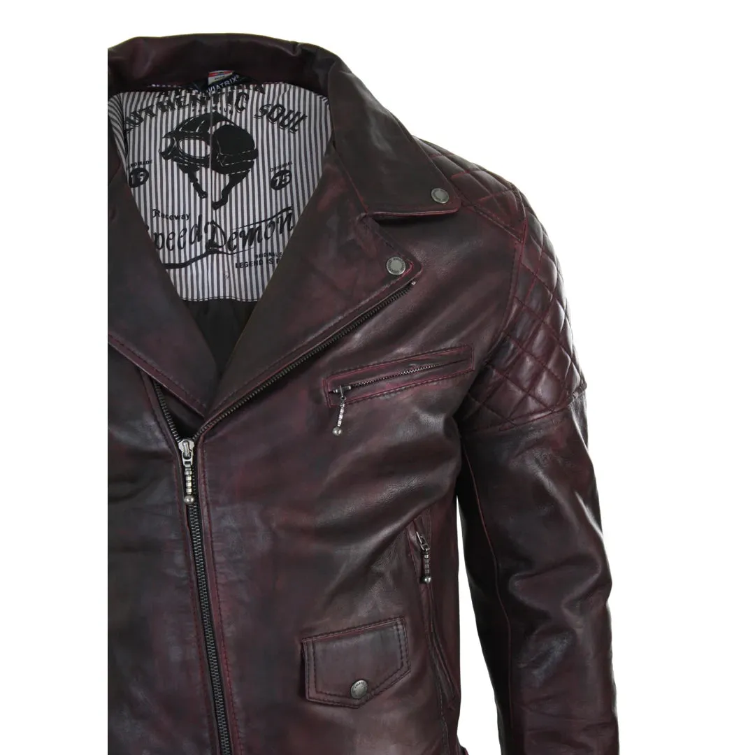 Men's Washed Brown Black Leather Biker Jacket Cross Zip