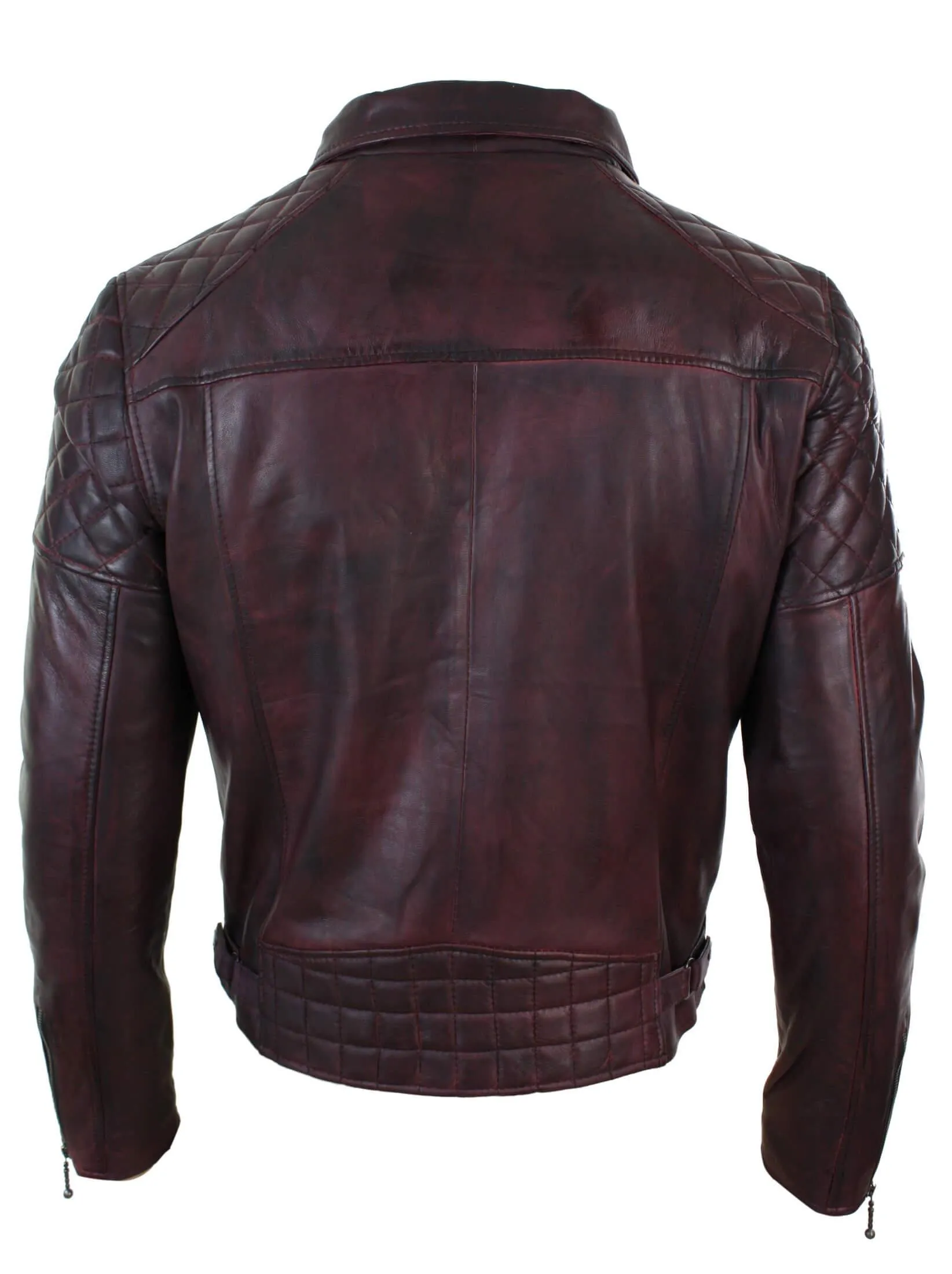 Men's Washed Brown Black Leather Biker Jacket Cross Zip
