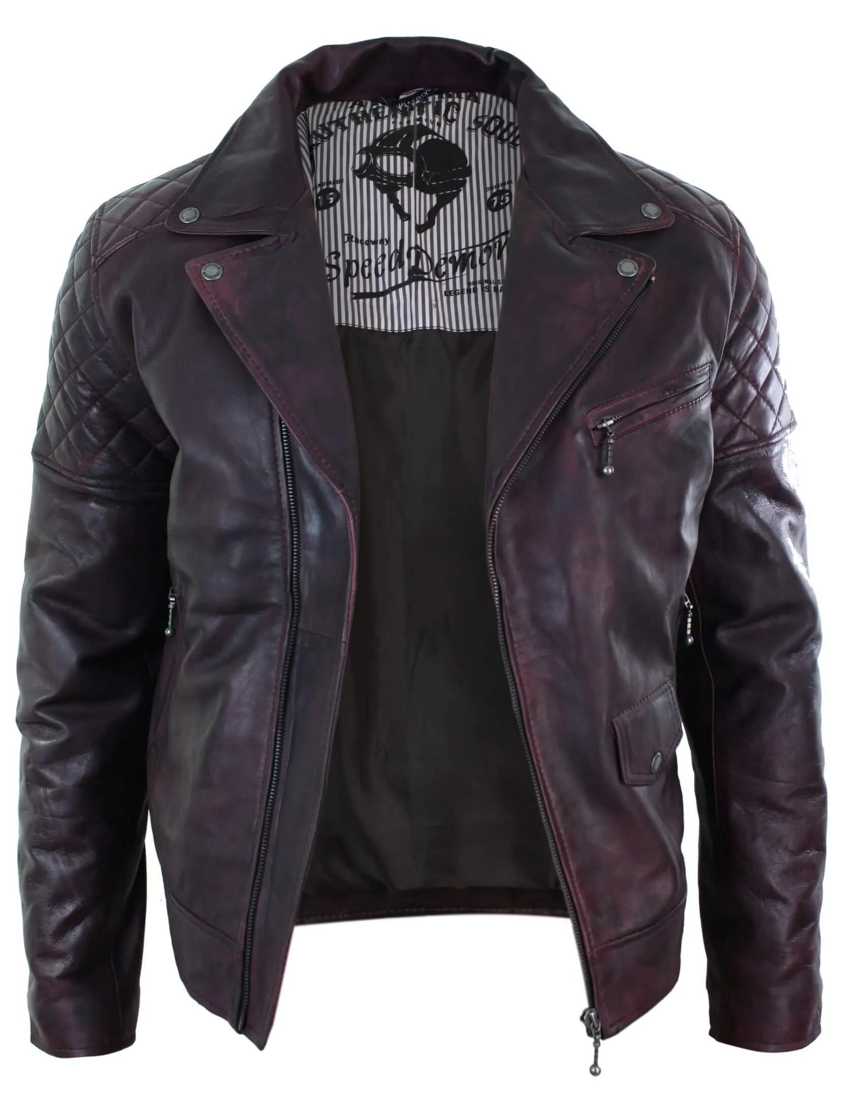 Men's Washed Brown Black Leather Biker Jacket Cross Zip