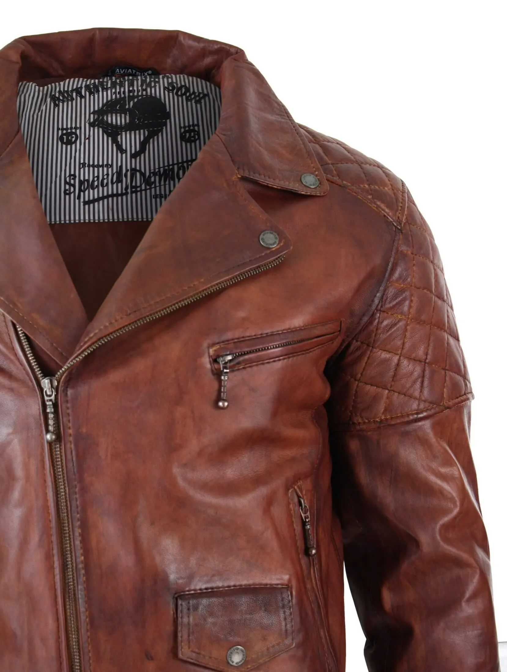 Men's Washed Brown Black Leather Biker Jacket Cross Zip