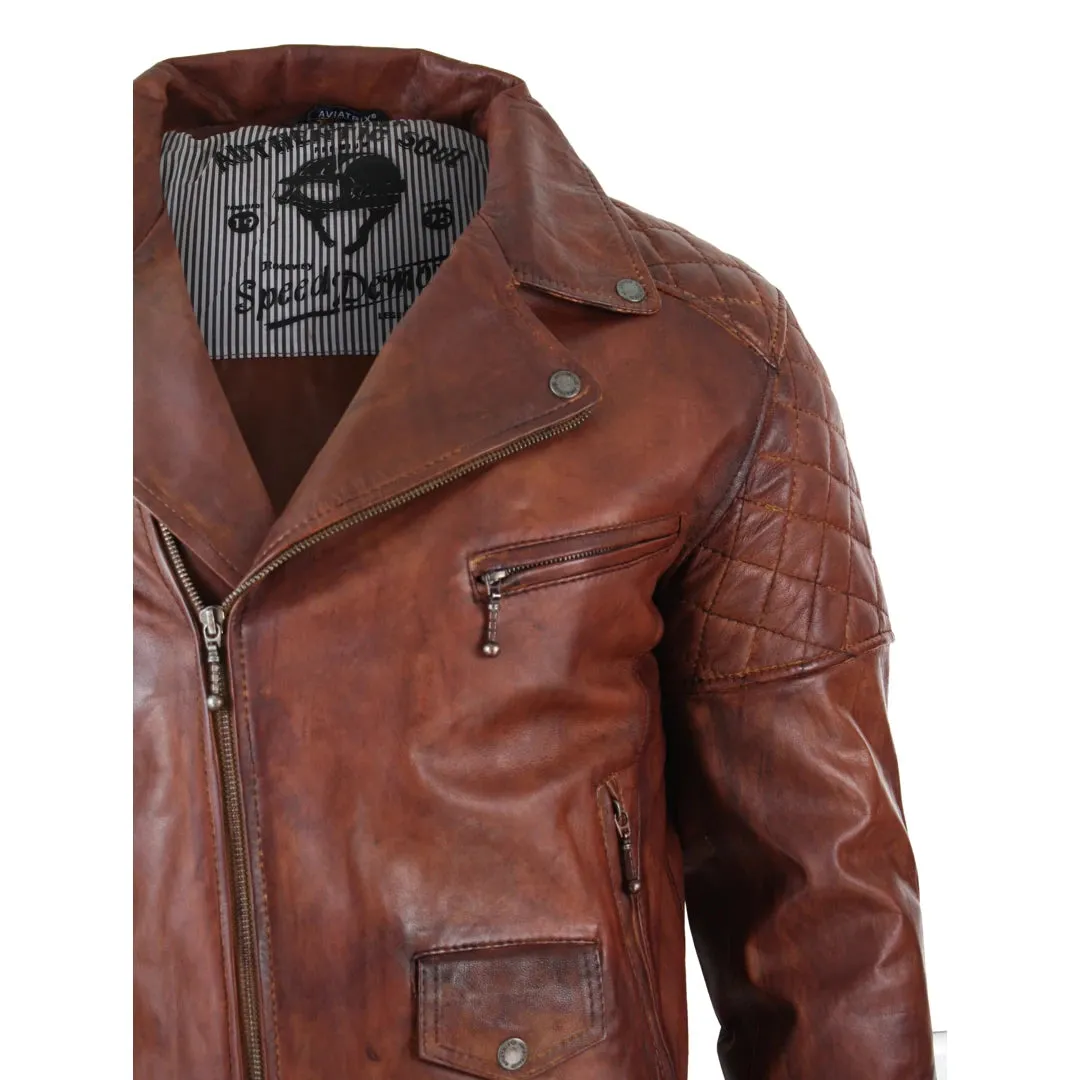 Men's Washed Brown Black Leather Biker Jacket Cross Zip