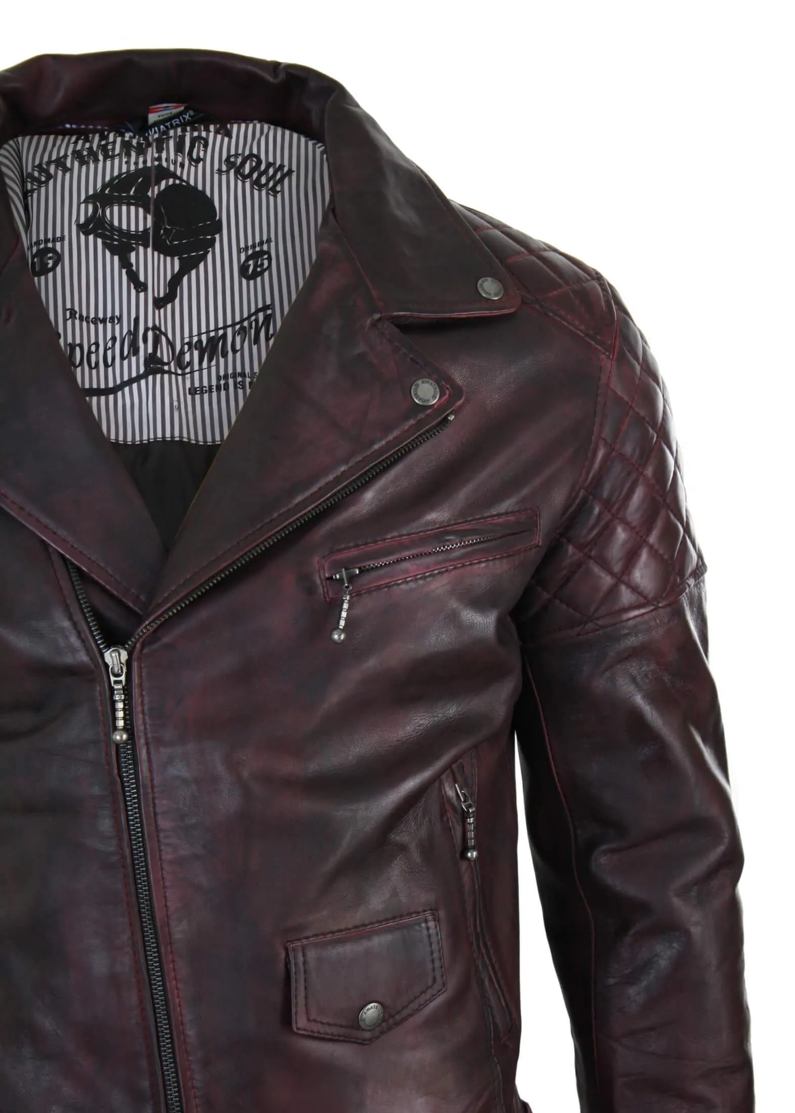 Men's Washed Brown Black Leather Biker Jacket Cross Zip