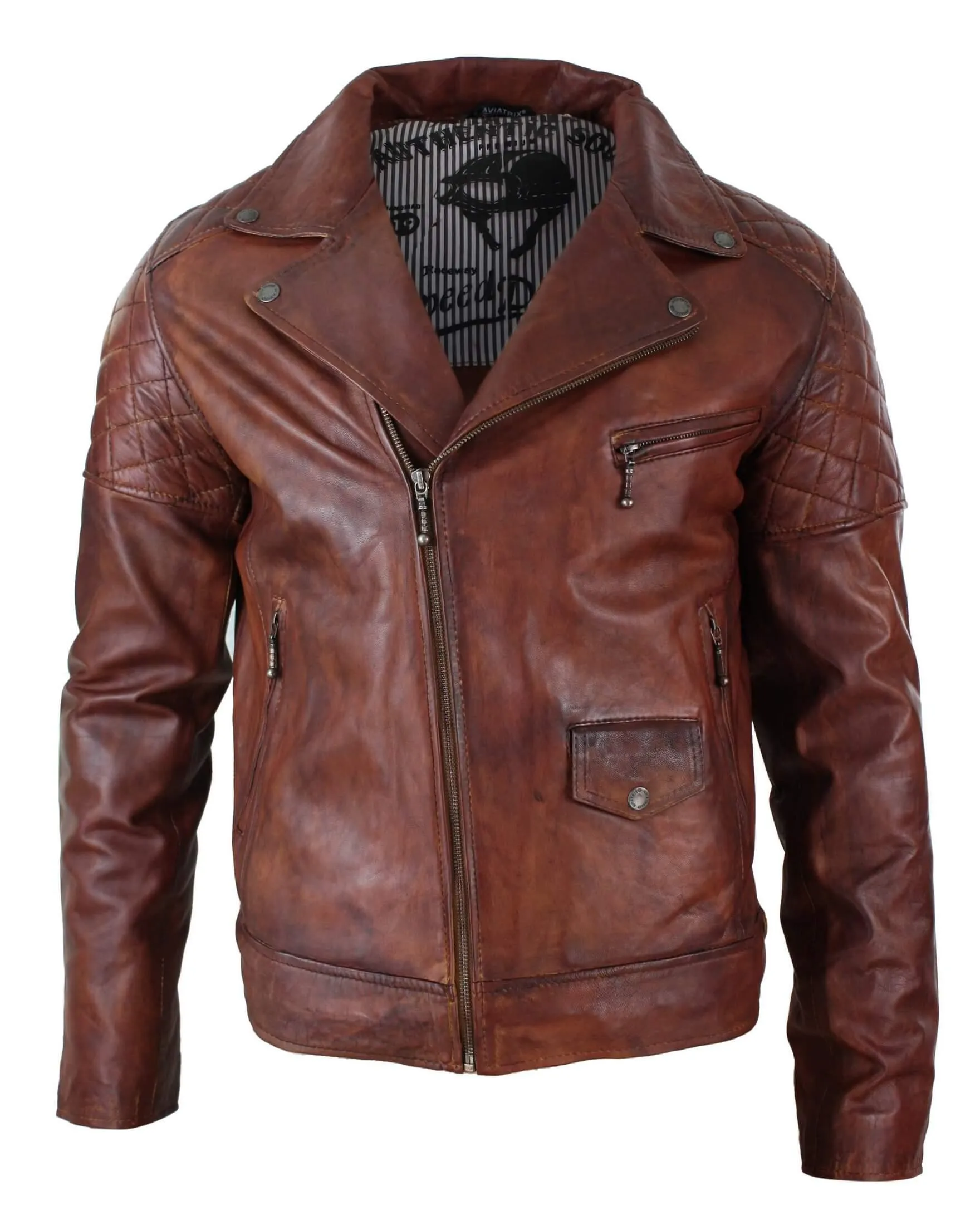 Men's Washed Brown Black Leather Biker Jacket Cross Zip
