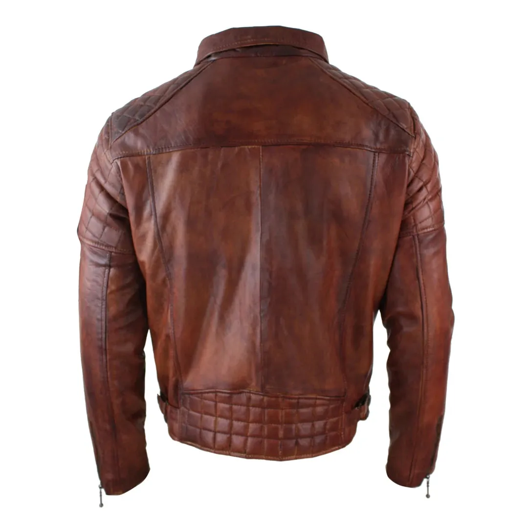 Men's Washed Brown Black Leather Biker Jacket Cross Zip