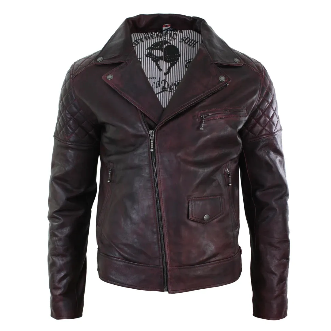 Men's Washed Brown Black Leather Biker Jacket Cross Zip