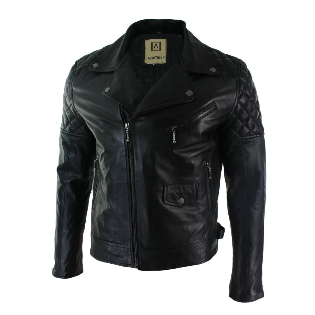 Men's Washed Brown Black Leather Biker Jacket Cross Zip