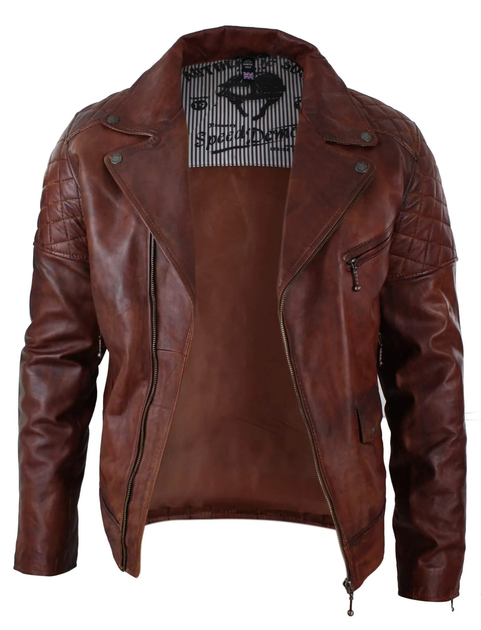 Men's Washed Brown Black Leather Biker Jacket Cross Zip