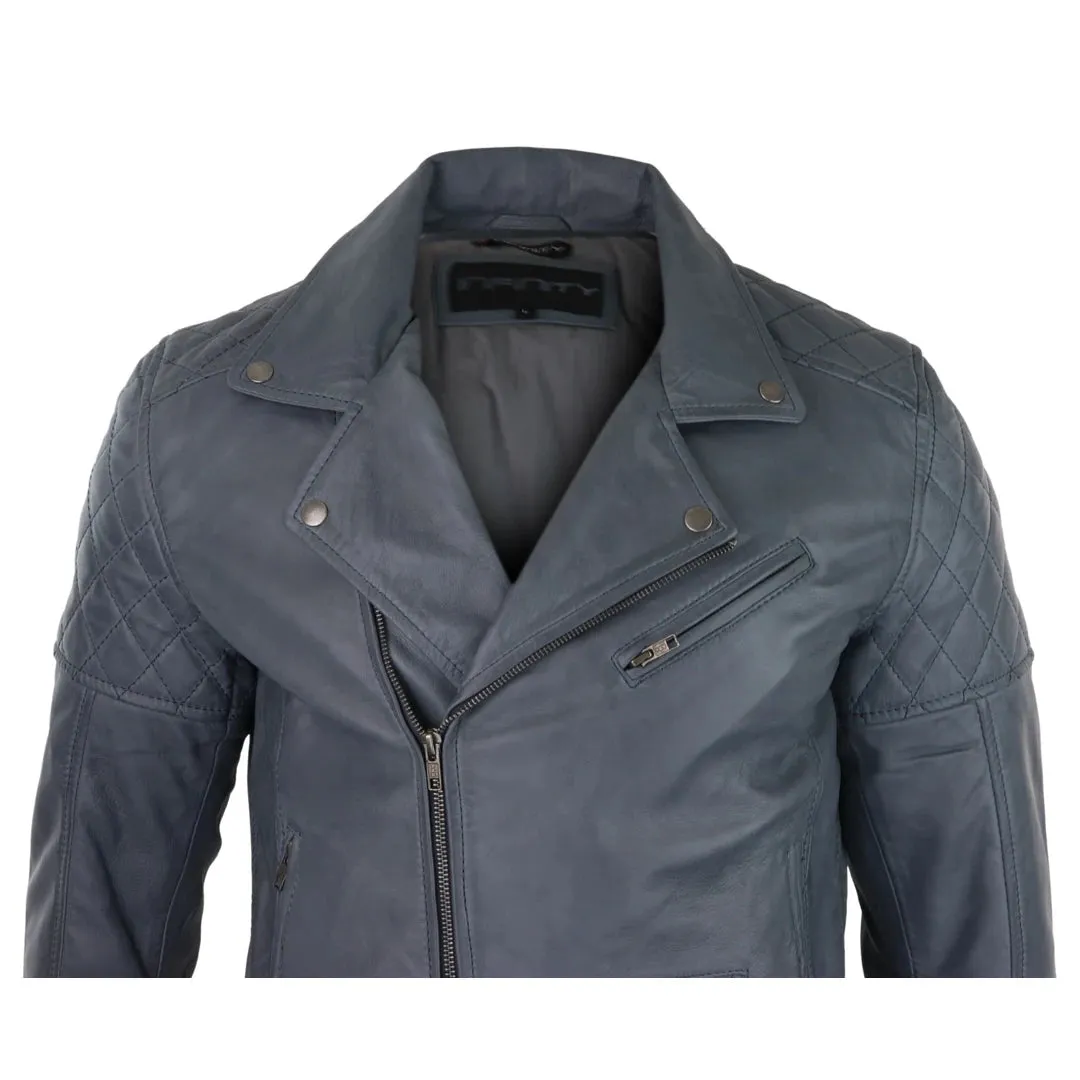 Men's Washed Brown Black Leather Biker Jacket Cross Zip