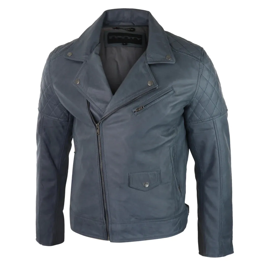 Men's Washed Brown Black Leather Biker Jacket Cross Zip