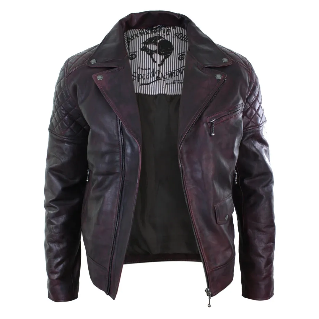 Men's Washed Brown Black Leather Biker Jacket Cross Zip