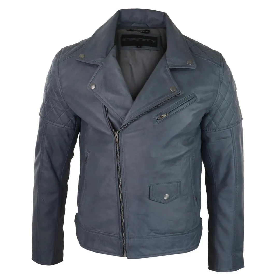 Men's Washed Brown Black Leather Biker Jacket Cross Zip