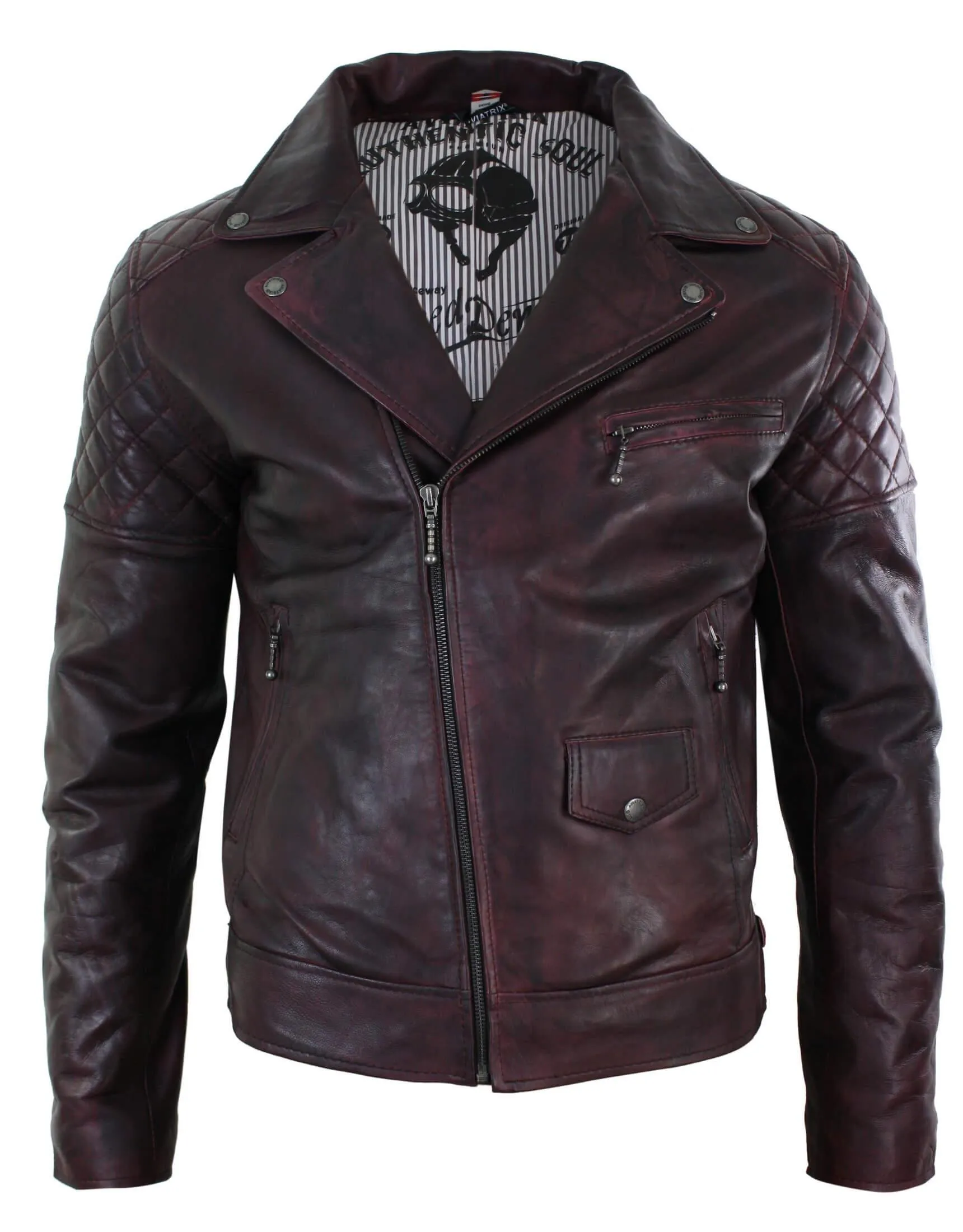 Men's Washed Brown Black Leather Biker Jacket Cross Zip