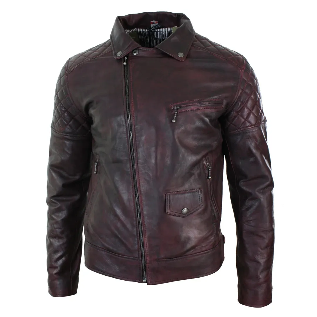Men's Washed Brown Black Leather Biker Jacket Cross Zip