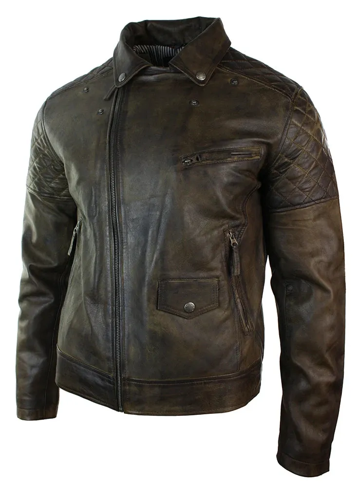Men's Washed Brown Black Leather Biker Jacket Cross Zip