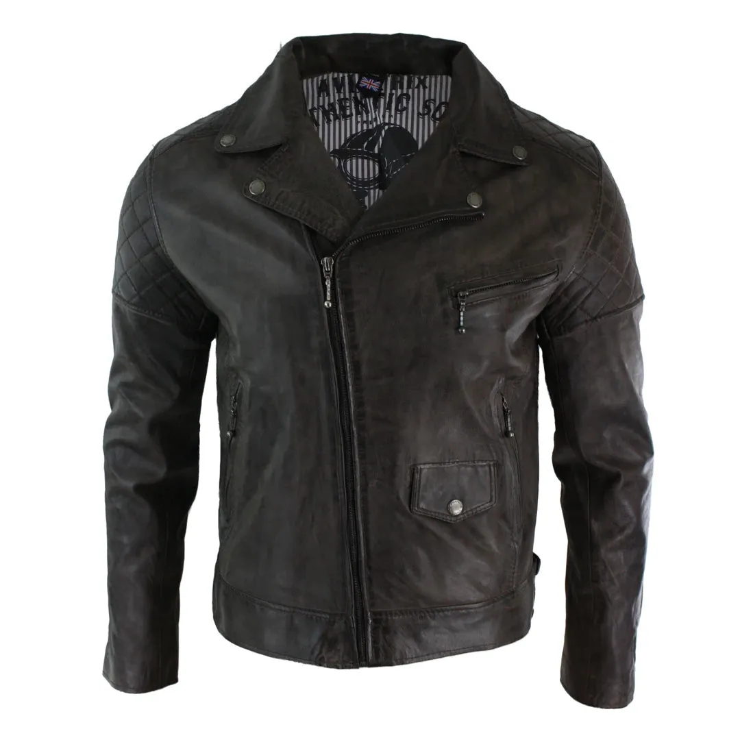 Men's Washed Brown Black Leather Biker Jacket Cross Zip