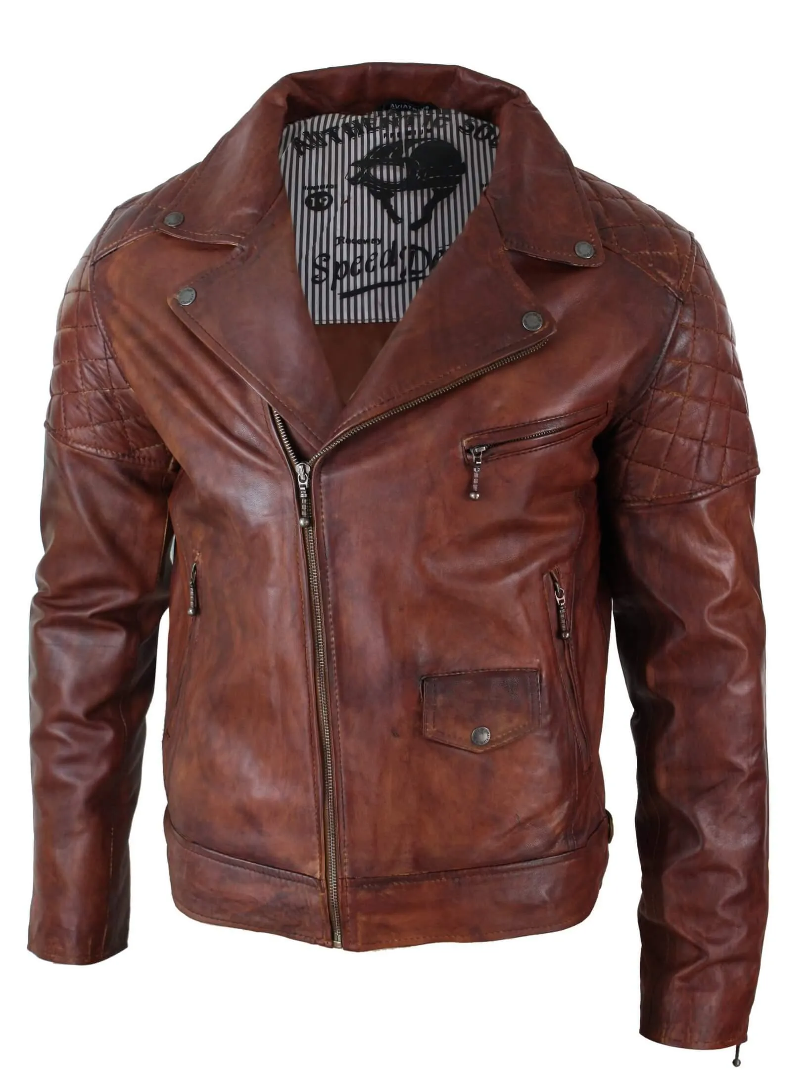 Men's Washed Brown Black Leather Biker Jacket Cross Zip