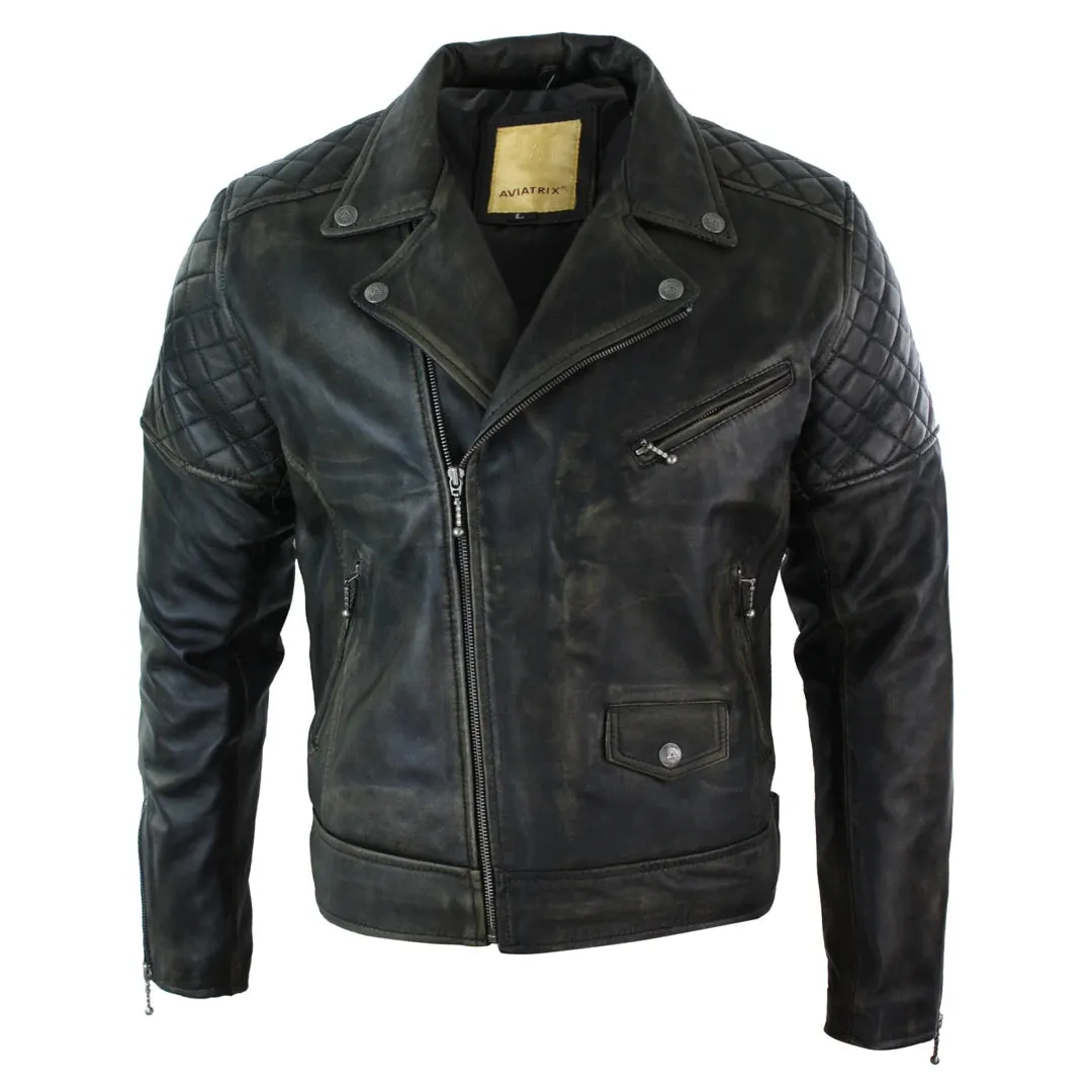 Men's Washed Brown Black Leather Biker Jacket Cross Zip