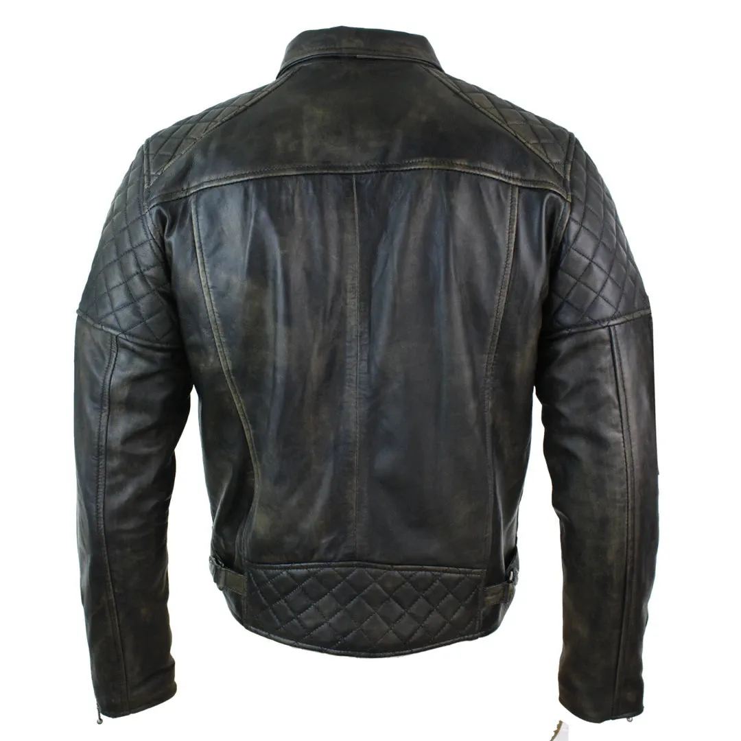 Men's Washed Brown Black Leather Biker Jacket Cross Zip