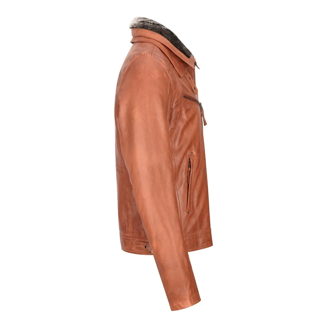 Men's Washed Rust Tan Brown Removable Fur Collar Leather Jacket Zipped