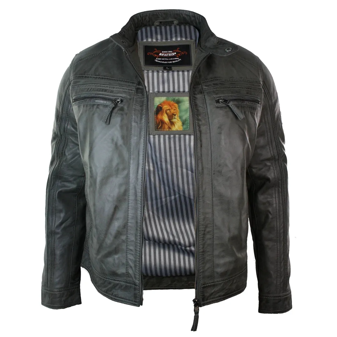 Men's Zipped Biker Jacket Leather Soft Grey