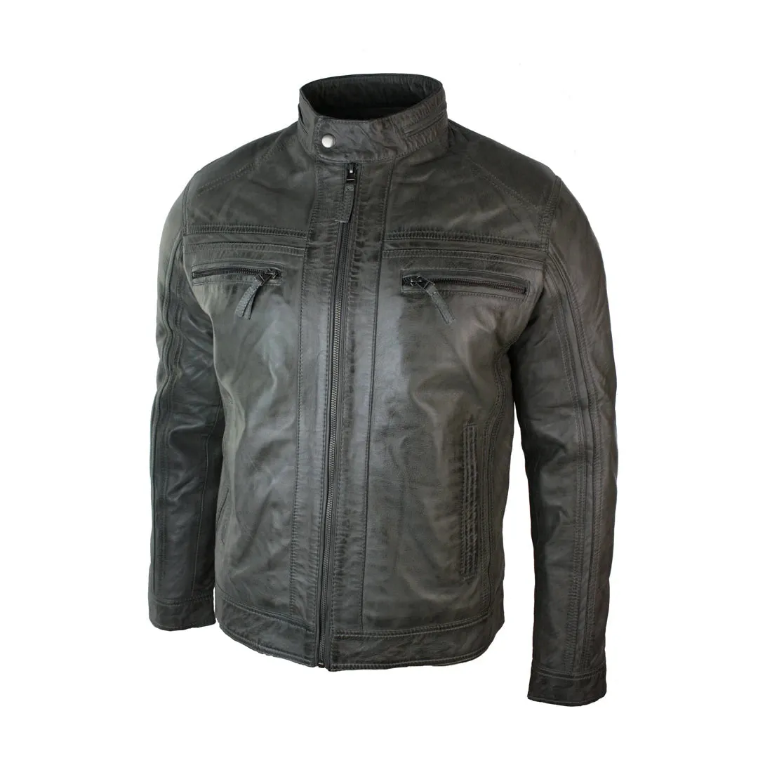 Men's Zipped Biker Jacket Leather Soft Grey