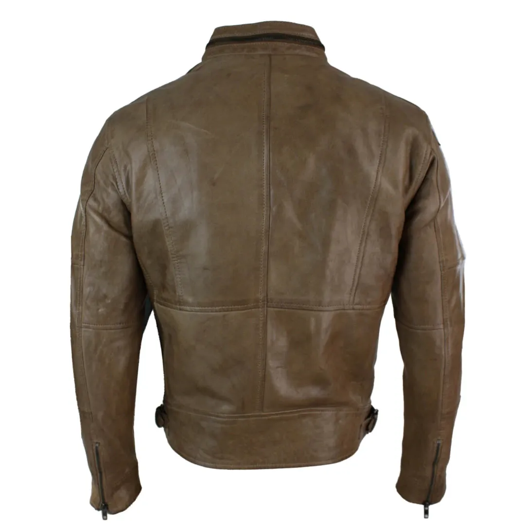Men's Zipped Biker Leather Jacket Black Brown Olive Urban