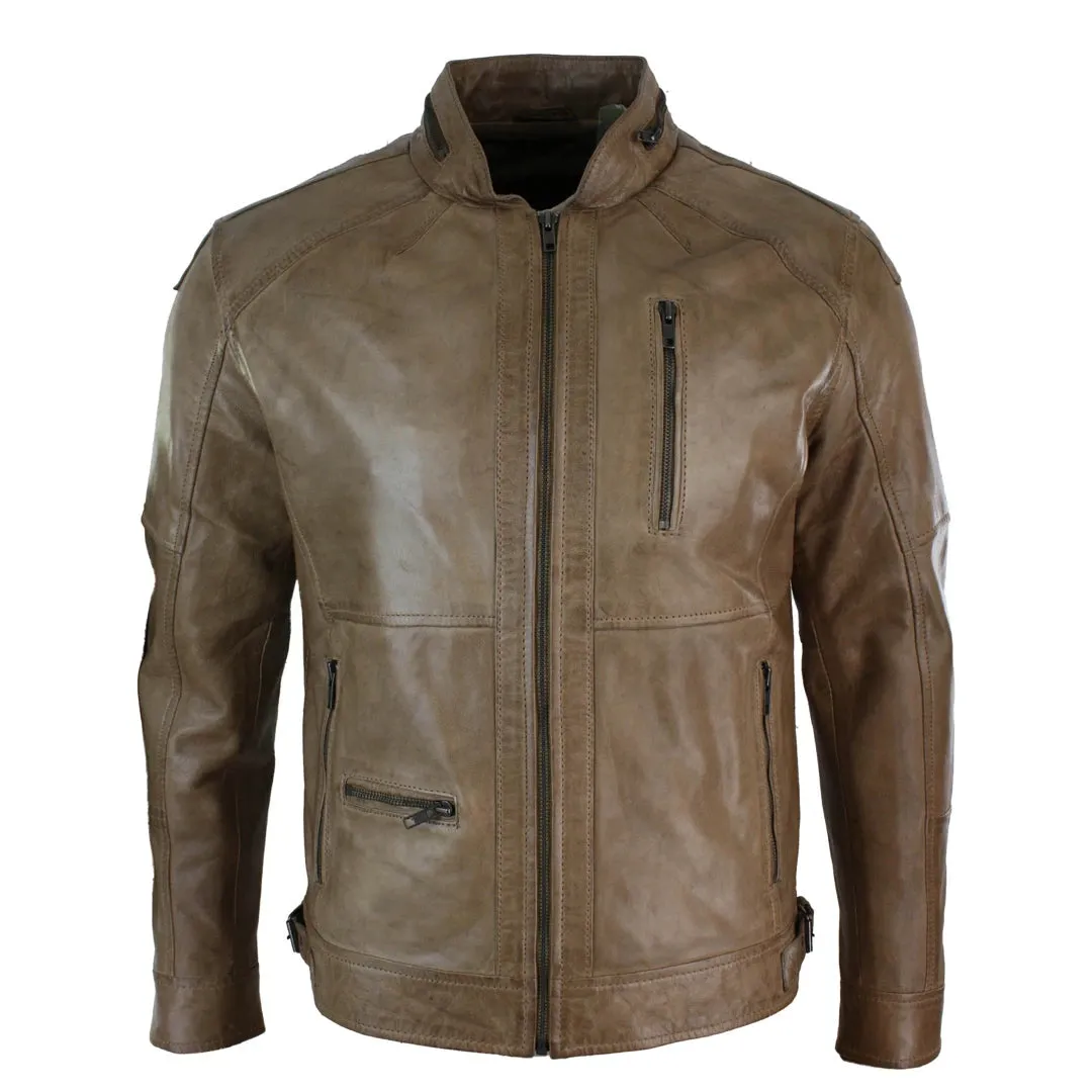 Men's Zipped Biker Leather Jacket Black Brown Olive Urban