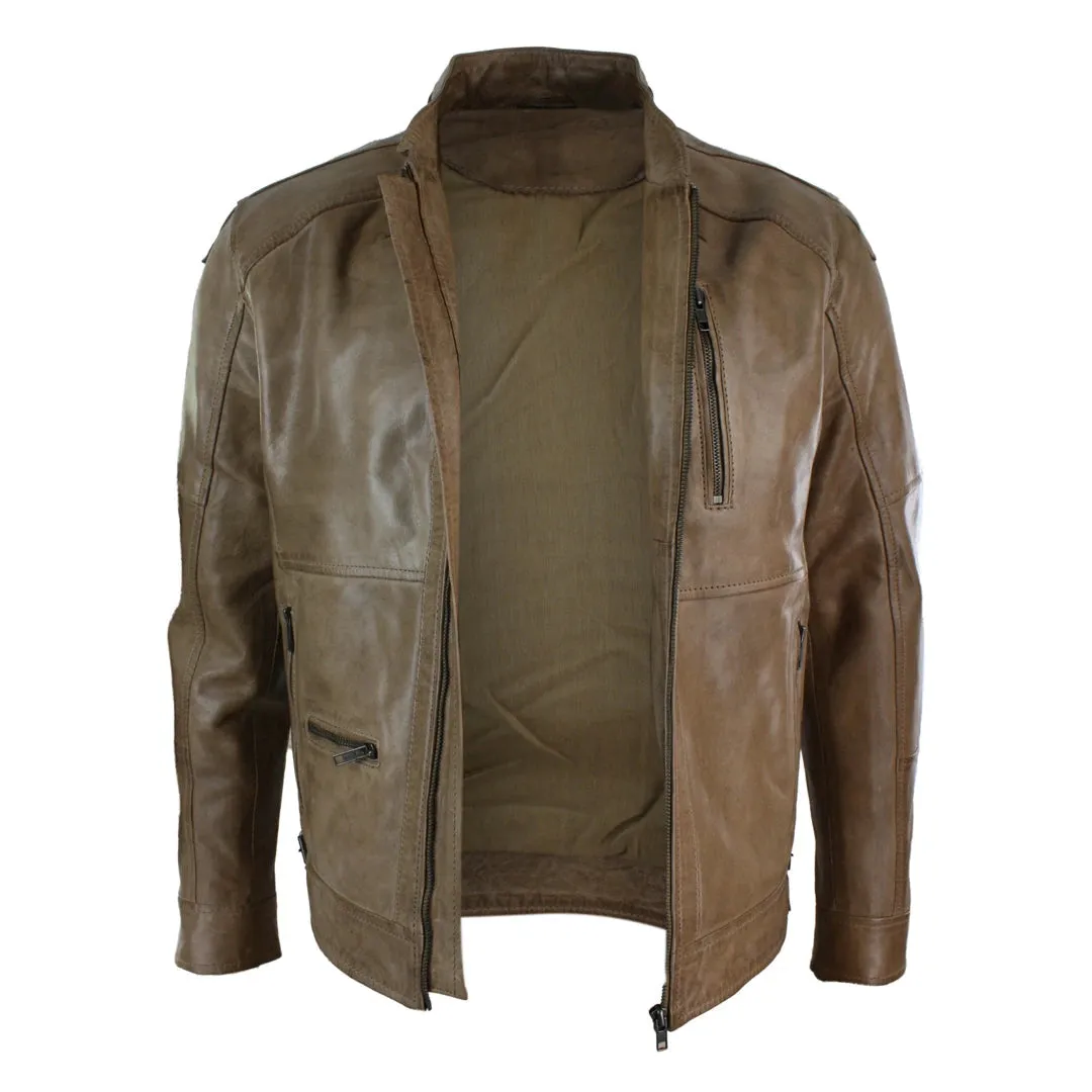 Men's Zipped Biker Leather Jacket Black Brown Olive Urban