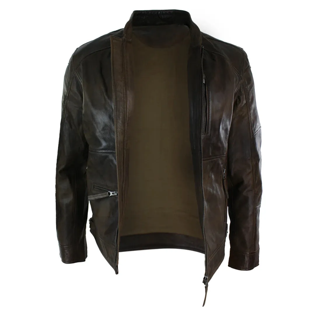 Men's Zipped Biker Leather Jacket Black Brown Olive Urban