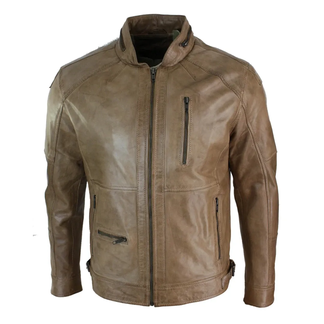 Men's Zipped Biker Leather Jacket Black Brown Olive Urban