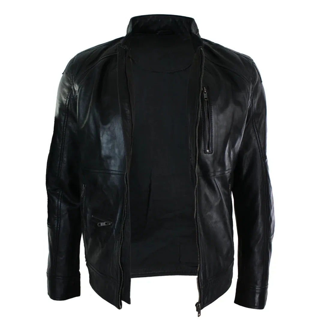 Men's Zipped Biker Leather Jacket Black Brown Olive Urban