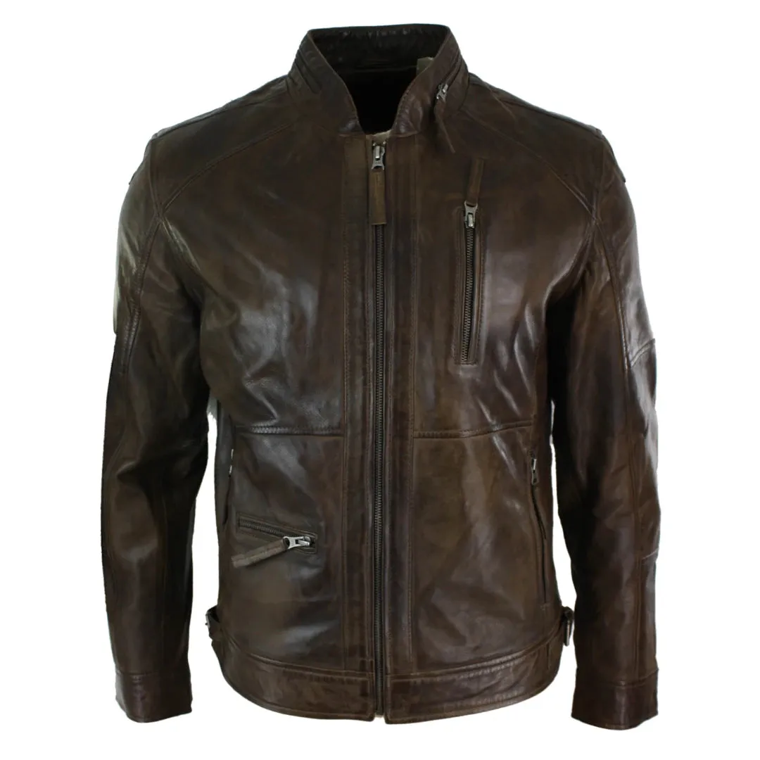 Men's Zipped Biker Leather Jacket Black Brown Olive Urban