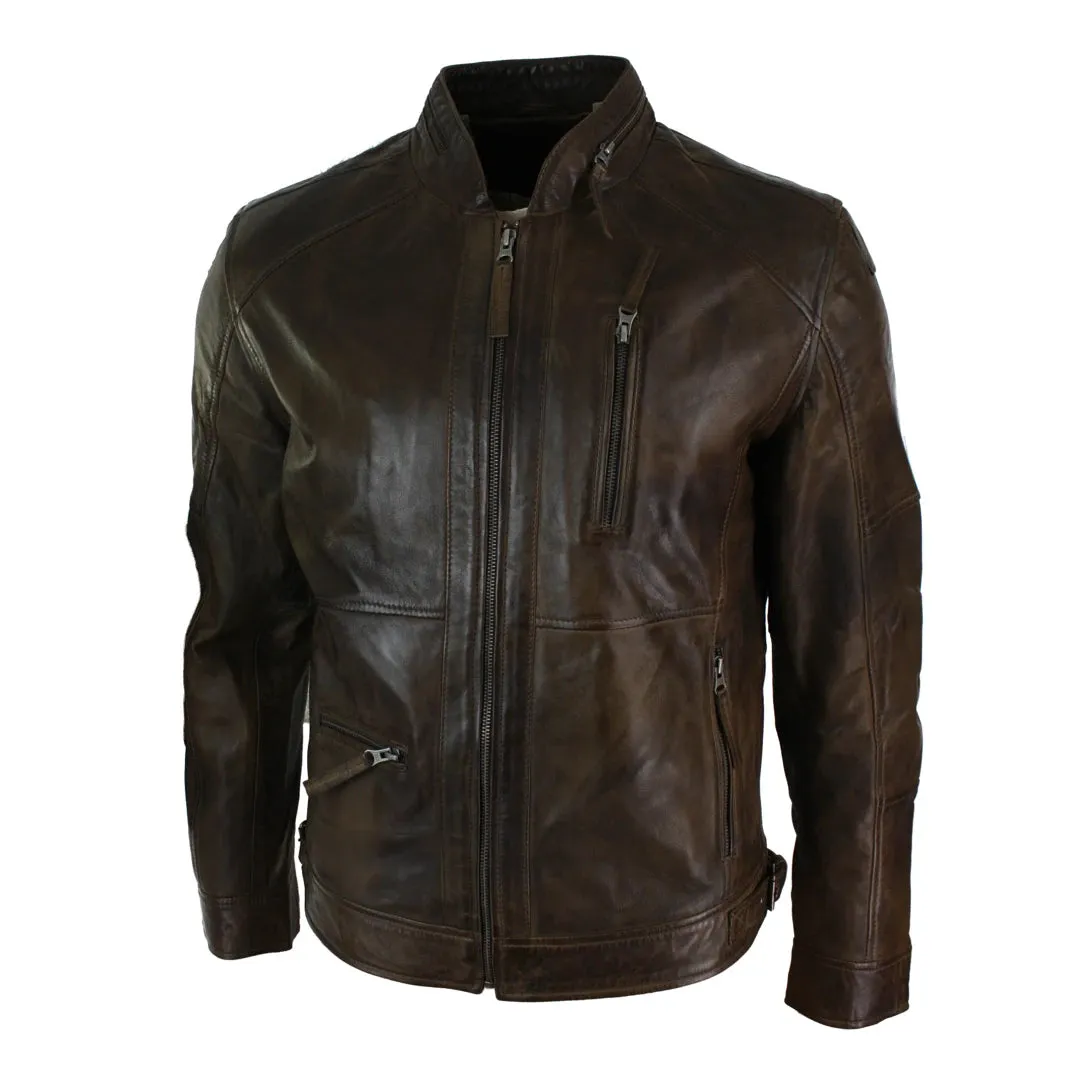 Men's Zipped Biker Leather Jacket Black Brown Olive Urban