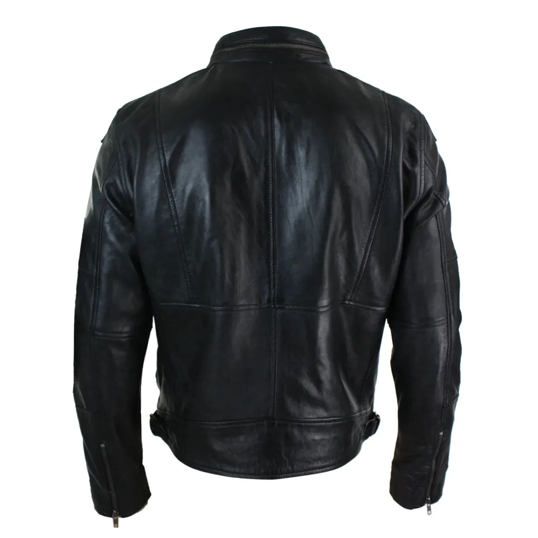 Men's Zipped Biker Leather Jacket Black Brown Olive Urban