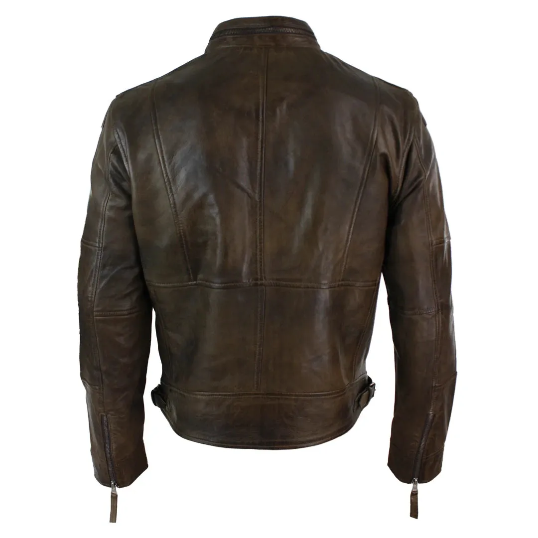 Men's Zipped Biker Leather Jacket Black Brown Olive Urban