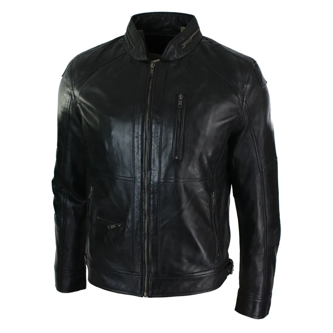 Men's Zipped Biker Leather Jacket Black Brown Olive Urban