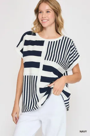 Navy & White Mixed Stripe Knit Top