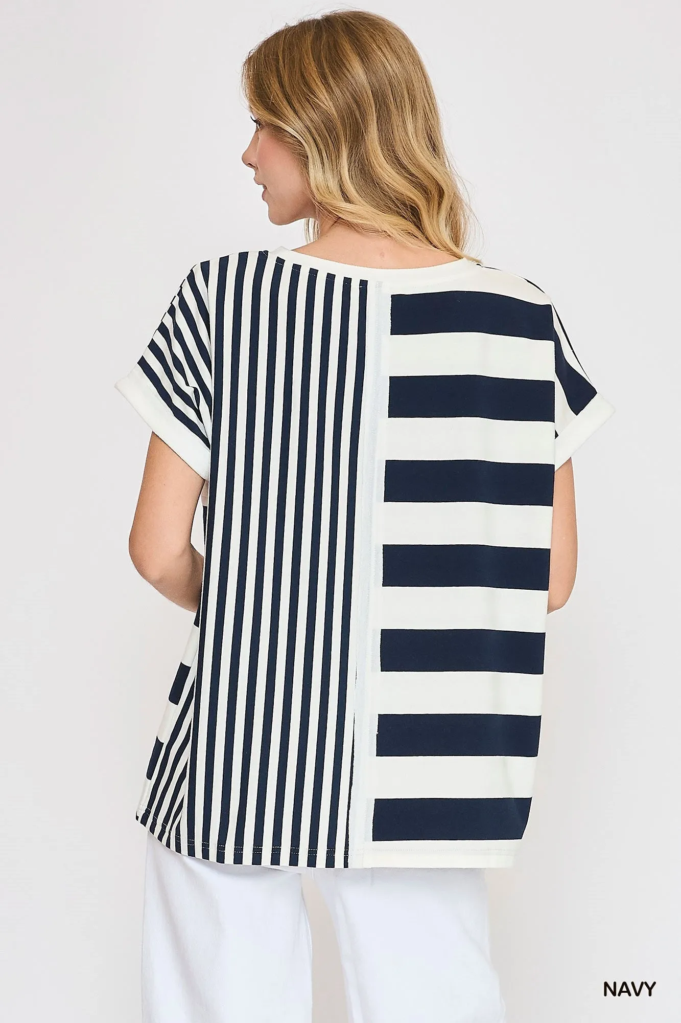 Navy & White Mixed Stripe Knit Top
