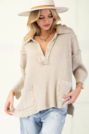 Oatmeal Mineral Washed Rib Knit Pullover Top