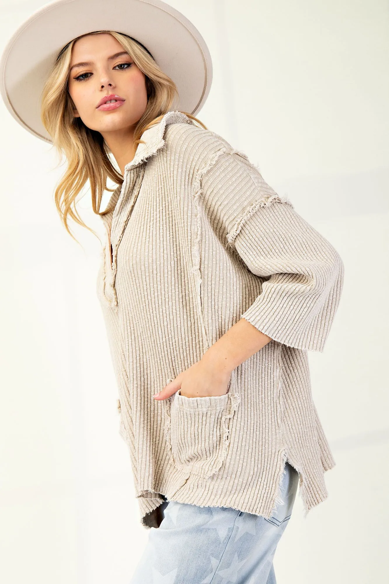 Oatmeal Mineral Washed Rib Knit Pullover Top