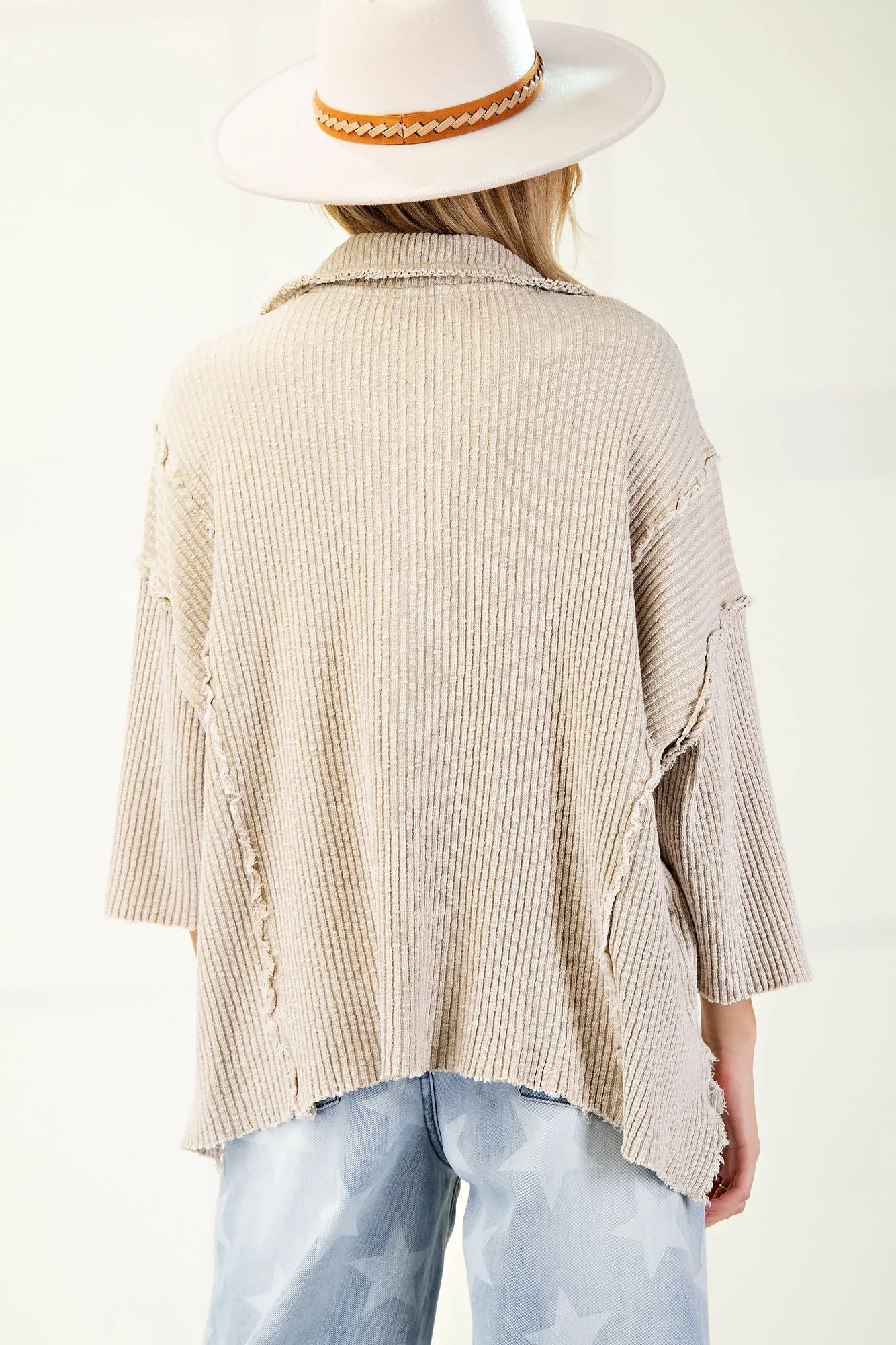 Oatmeal Mineral Washed Rib Knit Pullover Top
