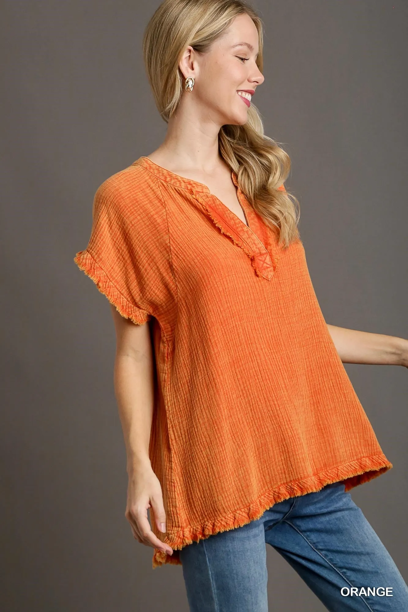 Orange Mineral Wash Cotton Tunic Top