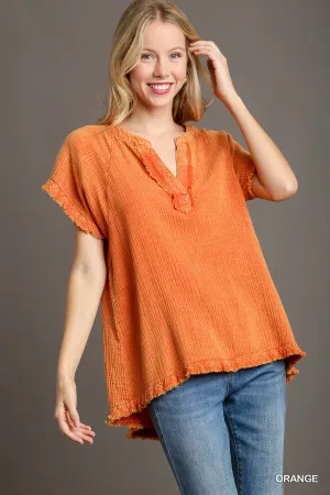 Orange Mineral Wash Cotton Tunic Top