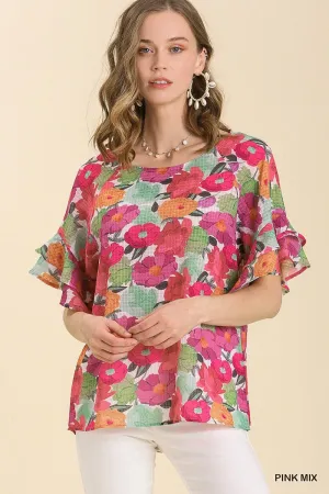 Pink Mix Floral Knit Top with Double Ruffle Sleeves