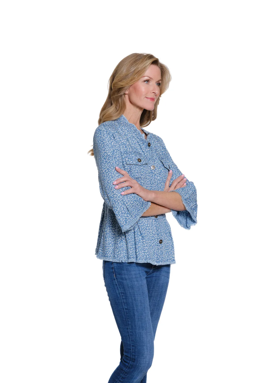 Printed Denim Top or Jacket w/ Flounce Sleeves